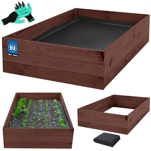 KOTARBAU Fioriera profonda in legno, 120 x 100 x 27 cm, impregnata, colore marrone, aiuola rialzata, aiuola rialzata, per giardino, ortaggi, ortaggi e guanti con artigli