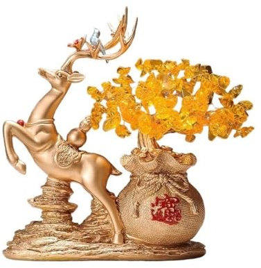 xiuling4568 Chakra Crystal Tree Home Fortune Deer Ornament, Citrine Money Tree, Living Room Entryway Wine Cooler Decorations Feng Shui Decor(Gold)