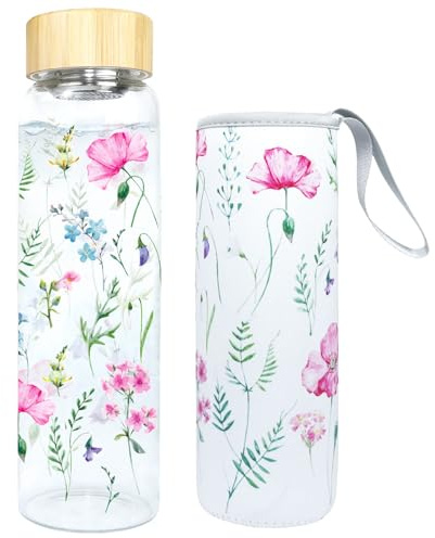 KYOEOE Borraccia in Vetro da 1000 ml / 1 Litro,Bottiglia Vetro Bocca Larga 5,5 cm con Coperchio Protettivo Filtro Acciaio Inox,Borraccia Senza Bpa,Prova Perdite,Adatta Bevande Gassate (Rosa-Viola)