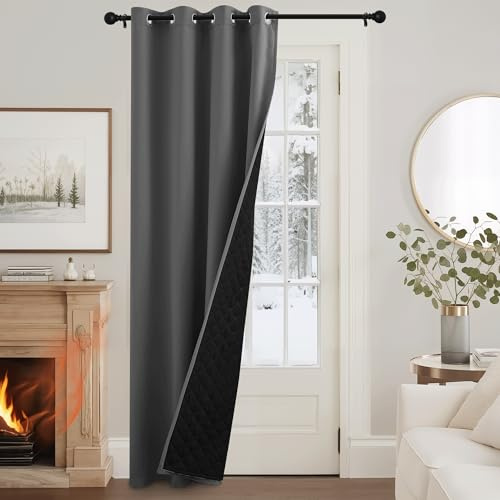 KGORGE Thermo Vorhang Tür Winter Türvorhang Kälteschutz 100% Verdunklungsvorhänge mit Ösen Gardinen Grau Blickdicht 1 Stück H 220 x B 132 cm Türgardine Winddicht (460g/m²)