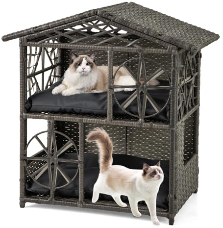 COSTWAY Wicker Cat House, 2-Tier Cats Condo Enclosure with Removable Cushions, Roof, Windows & Doors, Elevated Kitten Shelter for Indoor Outdoor