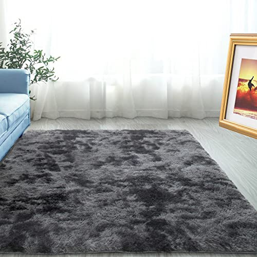 ABWXN Hochflor Flauschig Teppich 80X150 cm Waschbar Anti-Rutsch Moderner Flauschiger Kuscheliger Plüsch Teppich für Wohnzimmer, Schlafzimmer, Kinderzimmer - Dunkelgrau