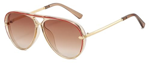 YAMEIZE Retro Occhiali da Sole Pilota per Donna Uomo Rotondo Occhiali da Sole Anni '70 Doppio Ponte Vintage Grande Metallo Telaio UV400 (Marrone Sfumato Marrone)