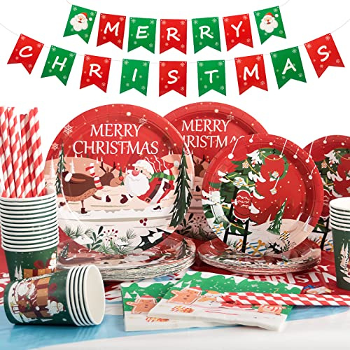 Yidaxing Vaisselle de Fête de Noël, Assiettes Jetable Decoration, Gobelets, Pailles, Serviettes, Nappe, Bannière pour Fête de Noël Décoration, 16 Invités
