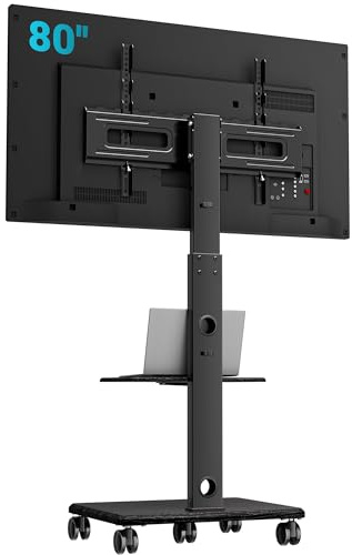 BONTEC TV Stand on Wheels, Height Adjustable Floor Mount, 32-80 Inch, 60 kg | Max VESA 600x400 mm, 5 wheel wooden base, smooth castors, wide column, dual cable management, portable use, living rooms