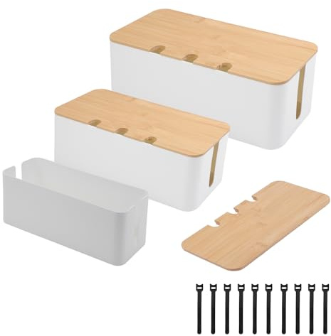 Pack de 3 Organizador Cables, Caja Gestión con Tapa Bambú y Ventilación, para Regletas, Dormitorio, Salón, Hogar, Mesa Trabajo, Cargadores, Enchufes, Escritorio, Televisión, Oficina