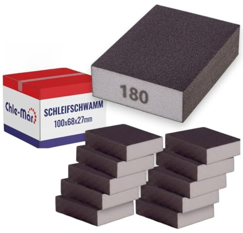 Chle-Mar - 10x Slipsvamp korn 180 | Slipkloss för trä, metall och plast | Slippappersset för handslipning | Rektangulär slipsvamp för plana ytor och kanter