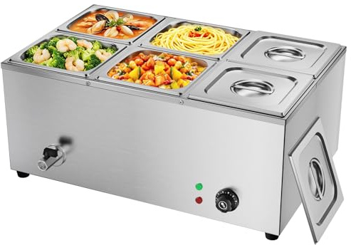 TAIMIKO Bagno Marie elettrico in acciaio inox 220 V scaldavivande professionale commerciali con 6 vassoi per pentole con rubinetto di scarico