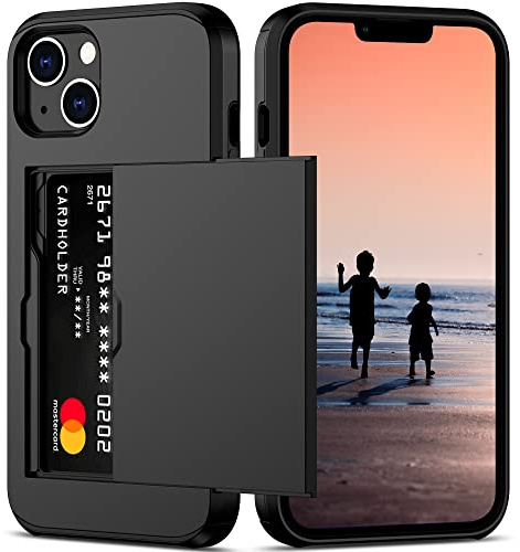 Nvollnoe for iPhone 14 Case with Card Holder Heavy Duty Protective Dual Layer Shockproof Hidden Card Slot Slim Wallet Case for iPhone 14 for Women&Men(Black)