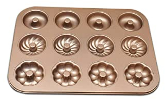 Gurlideo Donut-Backblech mit 12 Mulden, Gold Donutbackform, Hochwertige Donut Backform mit Antihaftbeschichtung, Backblech für Donut-Muffins, Cupcakes, 3 Formen (Rund/Blumig/Spiralförmig)
