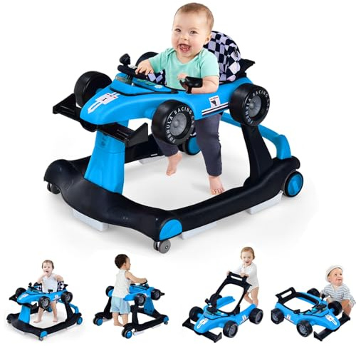 RELAX4LIFE Girello per Bambini 6-18 Mesi, Baby Walker 4 in 1 Trasformabile, Carrello Primi Passi e Macchinina a Spinta con Luci e Suoni, Altezza Regolabile, Pieghevole (BLU)