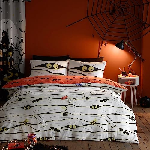 Copriletto Mummia Spaventosa Bedlam - Matrimoniale (200 x 200cm) - Reversibile (2 Design) - Copriletto Luminoso al Buio - Mummie Spaventose e Pipistrelli Vampiri - Decorazioni Halloween