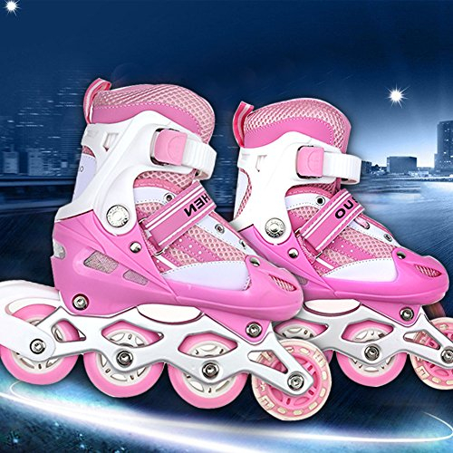 Patins à Roues alignées réglables avec Roues Lumineuses pour Enfants et Adultes pour Filles et garçons, Hommes et Femmes-41 * 35 * 11.5cm -Taille 31-34 - Rose S