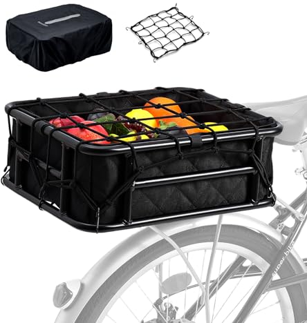 Hinterradkorb mit regenfester Abdeckung und Gepäcknetz und Innenfutter, großer Heckfahrradkorb für Fahrrad, robuster Metallkorb für hinten, perfekte Halterung für Elektrofahrräder WOOFOPT