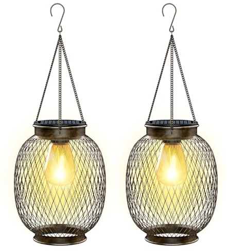 Solarlampen für Außen Hängend, Collasis 2 Stück Antike Bronze Solarleuchten Gartendeko mit Warmenweiß LED-Glühbirnen, IP65 Wasserdicht Metall Solar Laternen für Balkon Rasen Terrasse Weihnachten