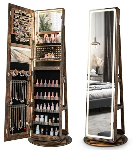 GOPLUS Armoire à Bijoux Pivotante à 360° avec Lumière LED 3 Couleur, Armoire à Bijoux Verrouillable avec Miroir, Intelligent Tactile, Organisateur de Bijoux sur Pied avec Étagère de Rangement, Marron
