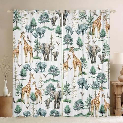 Homemissing Giraffe Elephant Blackout Curtains Animal Darkening Dreapes for Kids African Safari Window Curtains Jungle Animal Window Treatments Zoo Animals Curtains (2 Panels,W46*L54)