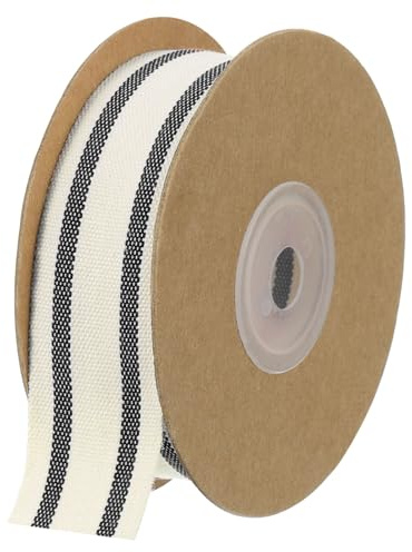 QUARKZMAN Naturlig bomull ränder band 2,5 cm x 9,1 m bomull tyg band naturlig rulle med svart grosgrain band för gåva gör-det-själv förpackning hantverk rosett skapa hem