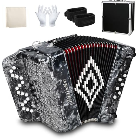 Accordion 34-Key Diatonic 12 Bass Buttons, F/B/E Tuning Push-Pull Heterophonic Design, Premium Professional Beginner Accordion for Stage Performance, Practice, Ensemble Play, Music Training (Gray)