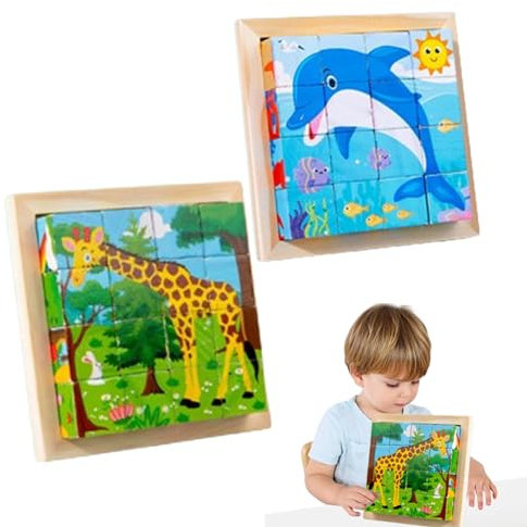 Thoquene 2 Stück 6 in 1 Würfelpuzzle mit 16 Würfel, 3D Bilderwürfel Holz für Jungen und Mädchen ab1 2 3 4 Jahren