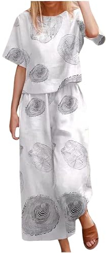 Linen Sets for Women 2 Piece Outfits Ladies Summer Tops Short Sleeve Round-Neck Casual Loose Fit Plain T-Shirt & Loose Wide Leg Pants Casual Tracksuit Leisurewear