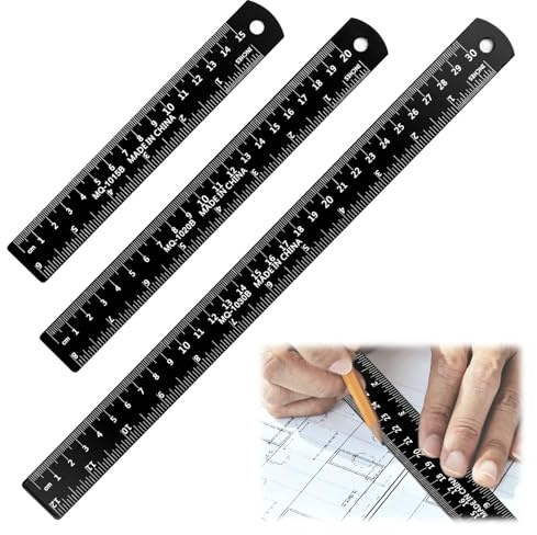 3 PCS regla aluminio negro Regla de escala de metal con Tabla de Conversión, Doble Regla de Borde Recto metalica Lateral Herramienta de medición de cantos para escuela, oficina, hogar (15/20/30 cm)