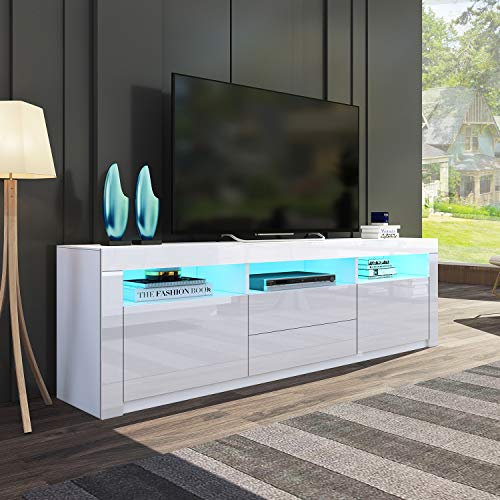 LED TV Stand Cabinet, 160cm TV Cabinet TV Unit, Modern White Gloss TV Stand Unit with 2 Doors 2 Drawers and 3 Open Shelves, TV Entertainment Unit for Living Room Home Furniture