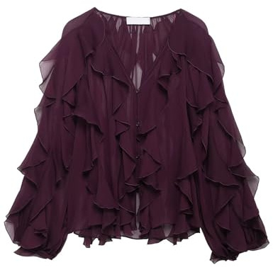 Shiyifa Blusa transparente con volantes para mujer, cuello en V, gasa transparente con volantes, tops de verano para salir, Vino, S