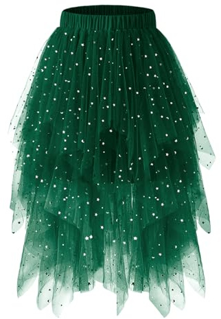 Bridesmay Tulle Fairy Long high Low Skirts for Adult Women Halloween | A Line High Elastic Waist, Sparkly Sequin, Layerd Ruffle Mesh Midi Tutu, asymmetrical, Fluffy Skirt for Witch Christmas