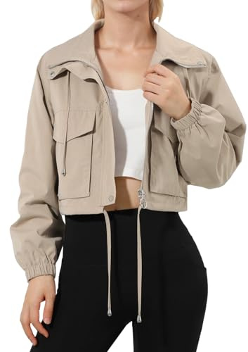 Fecialy Womens Cropped Jacket Lightweight Zip Up Short Jacket Oversized Utility Anorak Coat with Pockets