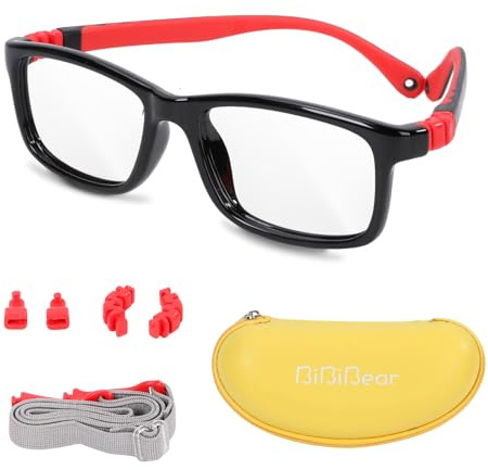 BiBiBear Bluelight Kids Glasses - Unbreakable TR90 Frame, 360° Ultra Flexible, Lightweight & Safe Eyeglasses (Ages 6-10 (Black & Red))