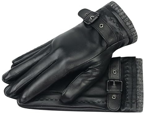 Guanti da uomo in vera pelle di agnello, foderati in pile, compatibili con touchscreen, morbidi e caldi, per ciclismo e guida, Nero (fodera in pelle), L