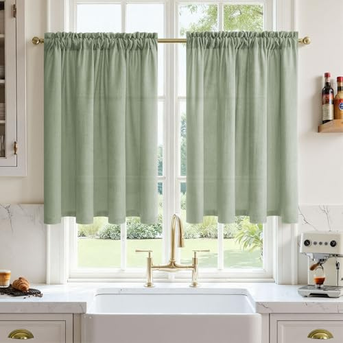 MRTREES Skivgardiner linneutseende salviagrön, bistrogardiner H 60 x B 60 cm set om 2, korta gardiner lantställe modern ljusgenomsläpplig fönsterstång dekorativ gardin liten gardin