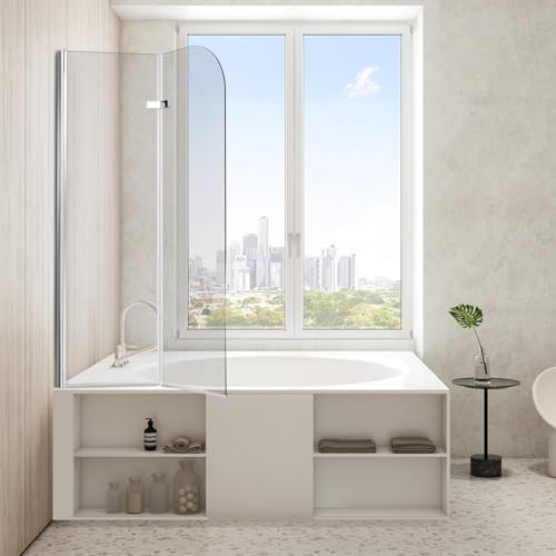 Peviasot Mampara de ducha para bañera de 100 x 140 cm, 2 piezas, plegable, color plata transparente, mampara de ducha de cristal templado de 6 mm, accesorio para bañera, moderno, protección