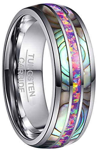 NUNCAD Bague Homme en Carbure de Tungstène, Anneau Colorée avec Coquille et Opale,8 mm, Alliance de Mariage Unique Rose Taille 68.5(21.8)