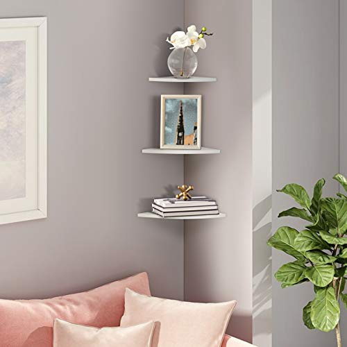 3Pcs Floating Shelves White Corner Wall Shelves Wood Plastic Board Corner Shelf Floating Bookshelf Wall-Mounted Storage Shelf Floating Wall Shelf Fan-Shape Display Rack Home Furniture Office Decor