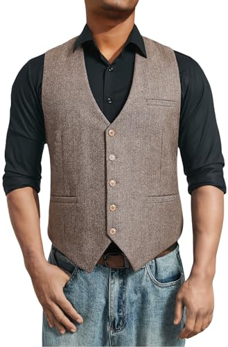 HISDERN Herr Tweed Väst Casual Vintage Herringbone Väst för Män Formell Ull Kostymväst till Bröllop och Affärer Khakibrun L
