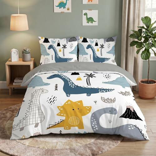 ZZXHG Housse de Couette 200x200 Adulte Enfant Dinosaure Blanc Parure de Lit 2 Personnes en Microfibre, Ensemble de Literie avec 1 Housse de Couette et 2 taie d'oreiller 65 x65 cm
