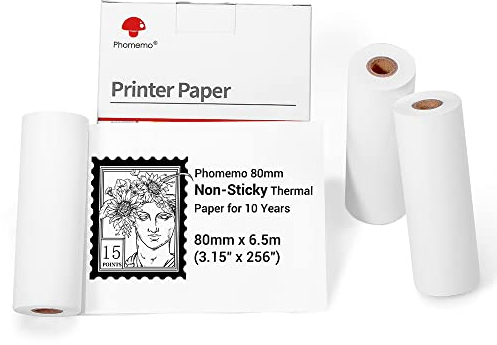 Phomemo 80mm(3,15 pulgadas) papel térmico blanco no adhesivo para impresora M03/M03AS/M04S/M04AS, 80 mm x 6.5 m, 10 años de conservación, negro sobre blanco,para pegatinas,diario,textos,notas,3 rollos