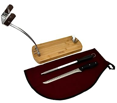 Nerthus Support à jambon pliable en acier et bambou + couvre-jambon bordeaux + aiguiseur manuel + couteau à jambon