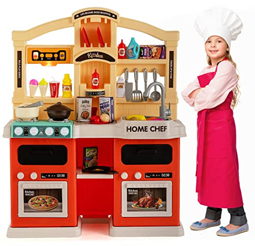 COSTWAY 42 Pcs Cuisine Enfants avec Effets de Vapeur & d'Ebullition, Jeux de Cuisine Enfants avec Lumières et Sons Réalistes, Jouet d’Imitation pour Enfants de 3 Ans+, 64,5 x 24 x 83 cm (Orange)