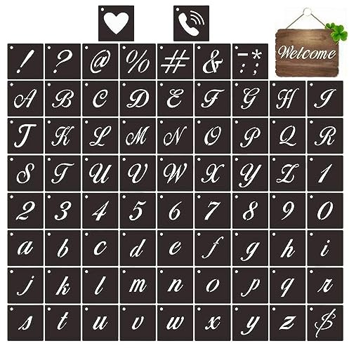 72Pcs Calligraphy Stencils, 1Inch Farmhouse Style Letter Number Template Interlocking Alphabet Stencils for Painting, Translucent White