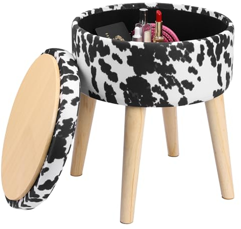 Navaris Hocker mit Stauraum rund - Tier Ottoman - Polsterhocker - ottomane beige - Hocker gepolstert - Hocker rund Plüsch - Samt Pouf mit Stauraum - Pouf Hocker - Kuh Sitzhocker