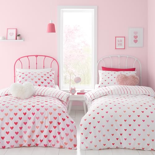 Catherine Lansfield So Soft Hearts and Stripes Single Duvet Cover Set with Pillowcases Two Pack Pink White