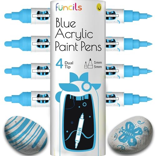 Funcils 4 Acrylic Dual Tip Blue Paint Marker Pen Metallic | Blue Acrylic Paint Markers for Metal, Wood, Rock Painting, Canvas, Ceramic, Glass, Fabric, Leaf, Plastic - Water-based Ink