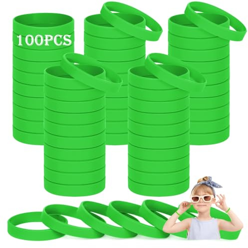 HONTIUS Armband i silikon, 100 st barn gröna gummiarmband, tomma armband, universellt armbandsset för barn, barn, barn, kindergarden lagsport (lämplig för 3-7 år)