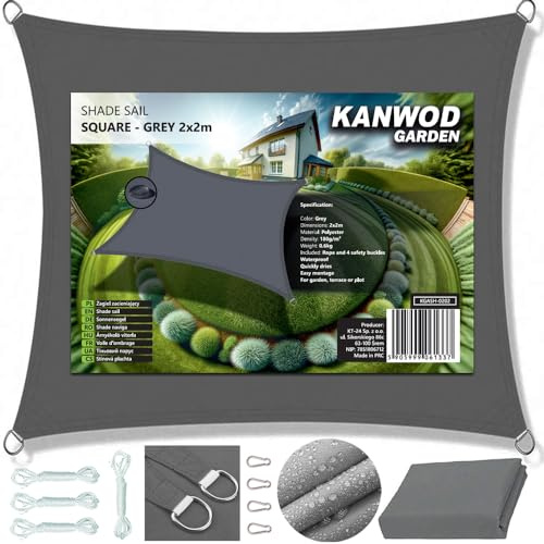 KANWOD Quadratische Sonnensegel Wasserdicht 2 x 2 m, UV-Schutz, 180 g/m² Gewebe, inkl Befestigungsseile, Seilspannmarkise für Balkon, Terrasse, Patio und Garten (Grau, 2x2 m)