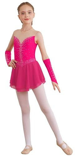 TTAO Mädchen Ballettkleidung 2tlg. Eiskunstlauf Kleider +Handschuhe Set Kinder Eislaufen Ballerina Kleid Ballett Trikot Tanz Kostüm Hot Pink 122-128
