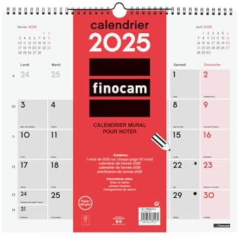 Finocam – Calendario da parete neutro per scrivere 2025 1 mese per pagina gennaio 2025 – dicembre 2025 (12 mesi) Francese