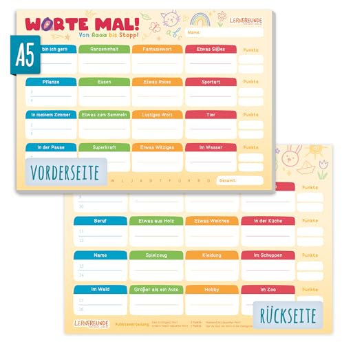 Häfft® Lernfreunde Stadt-Land-Fluss Block A5 für Kinder Worte mal mit 32 Kategorien für gute Laune, 50 Blatt - Familienspiel, Reisespiel für Kids - nachhaltig & klimafreundlich